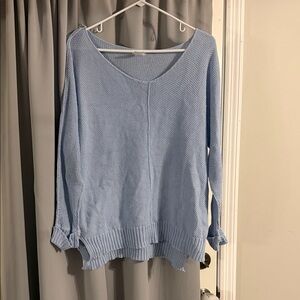 Main Strip Light Blue V-Neck Knit Sweater | Relaxed Cozy Pullover | Size L